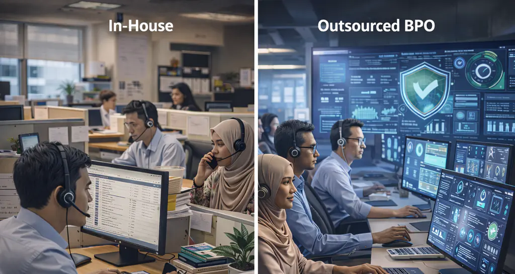 In-house vs outsourced BPO comparison showing enterprise teams and APAC BPO delivery centres