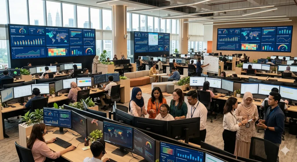 Diverse professional team in a modern Southeast Asian BPO operations centre using AI-powered dashboards and automation tools — representing how AI in BPO is redefining outsourcing operations in 2026
