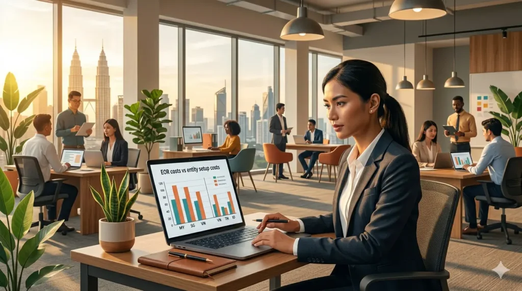 Finance professional reviewing employer of record cost breakdown on a laptop in a modern Southeast Asian office, an EOR pricing comparison for startups and small businesses expanding into Malaysia and the Philippines in 2026
