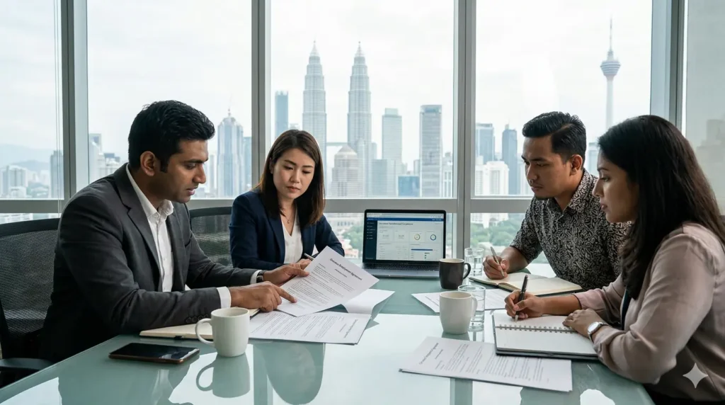 Diverse professional team in a modern Southeast Asian boardroom reviewing international employment contracts and compliance documents.