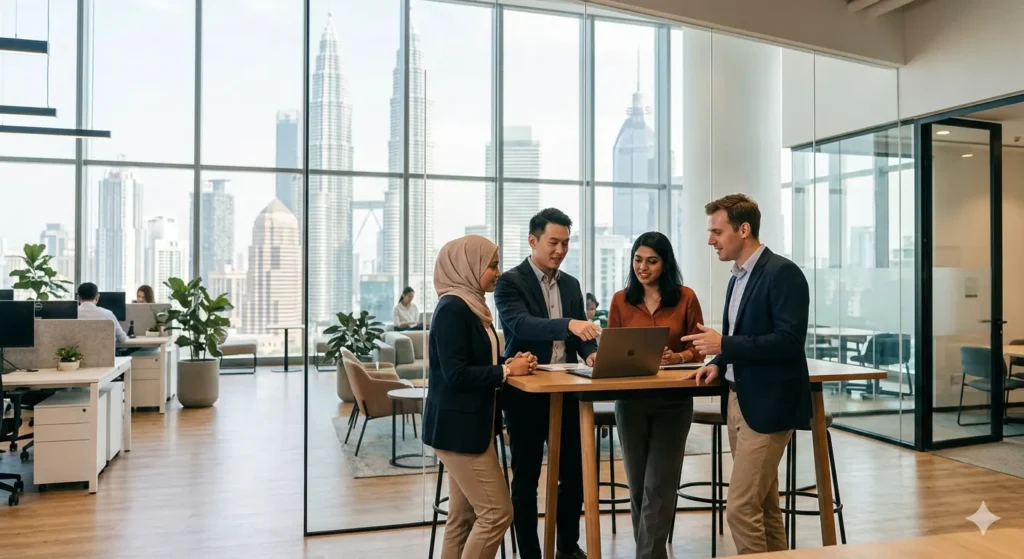 Diverse professional team working in a modern Kuala Lumpur office with digital workflow screens, representing Malaysia's BPO and outsourcing leadership in Southeast Asia
