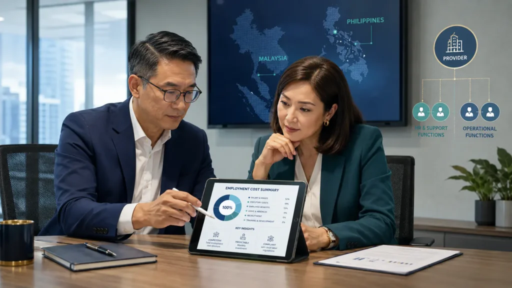 A CFO and HR director reviewing employer of record service costs on a tablet in a Southeast Asian office, with a map of Malaysia and the Philippines behind them