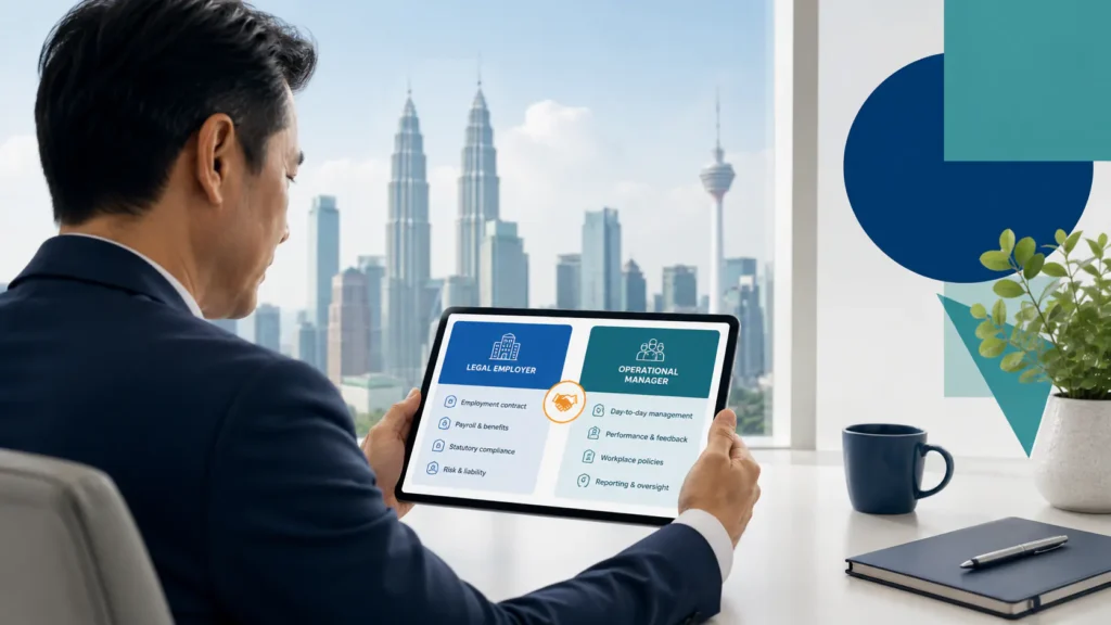 HR director reviewing an employer of record responsibility split on a tablet in a modern Kuala Lumpur office