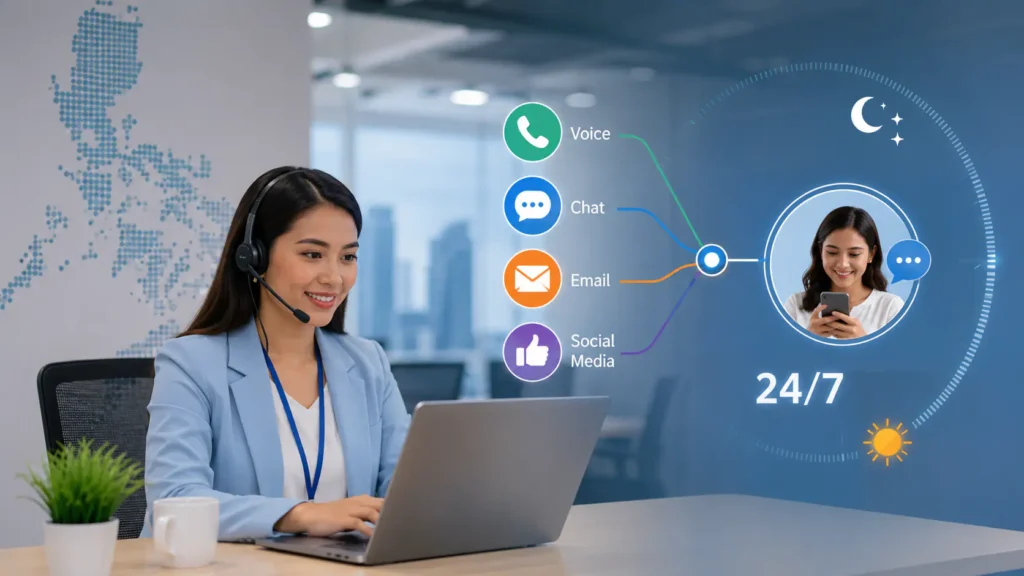 Flat illustration of an omnichannel Philippine contact centre, representing call center outsourcing in the Philippines.