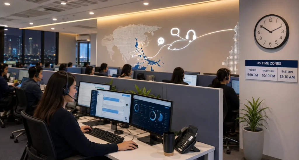 Flat illustration of a Philippine contact centre team on headsets and chat, symbolizing outsourcing to the Philippines.