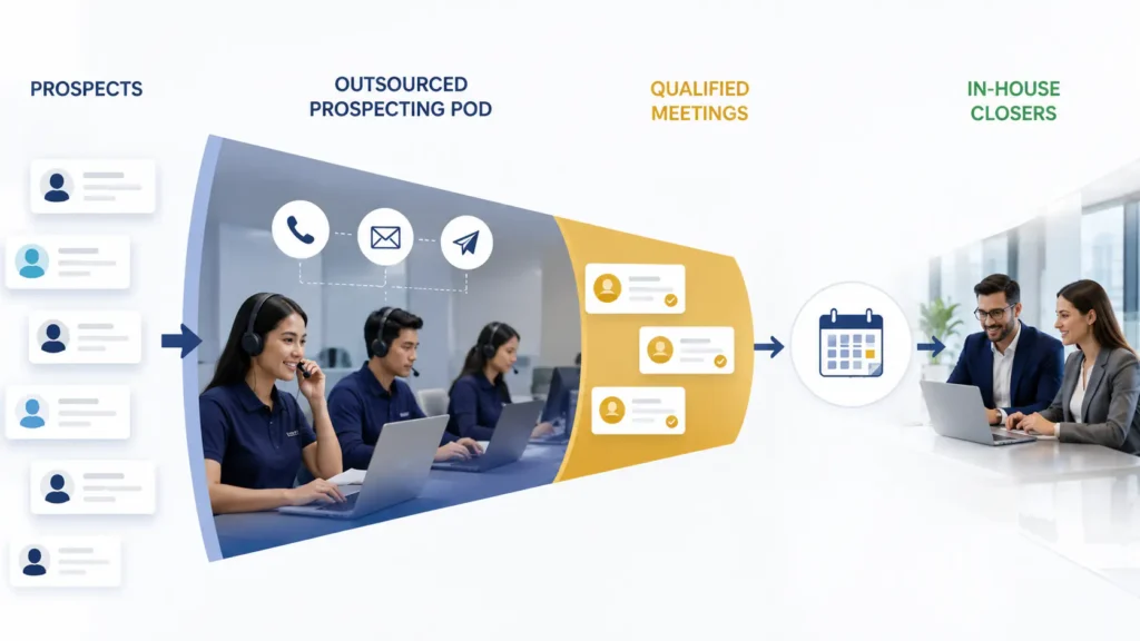 Illustration of a sales funnel turning prospects into qualified meetings, representing lead generation services.