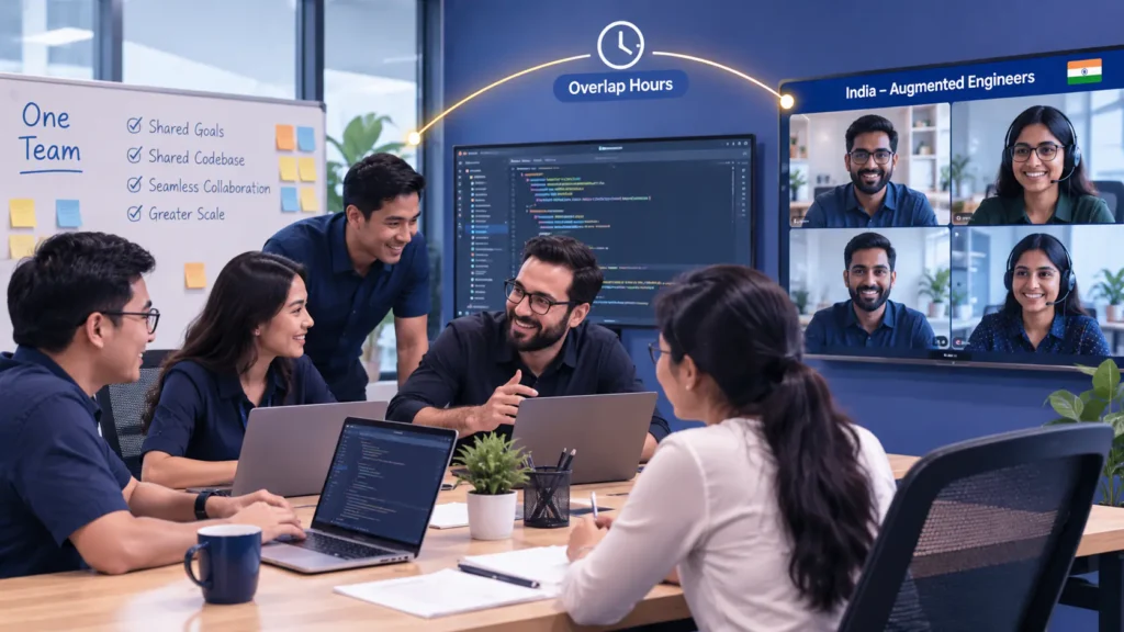 Flat illustration of a company team joined seamlessly by additional engineers arriving from India, working on one shared board, representing IT staff augmentation from India.