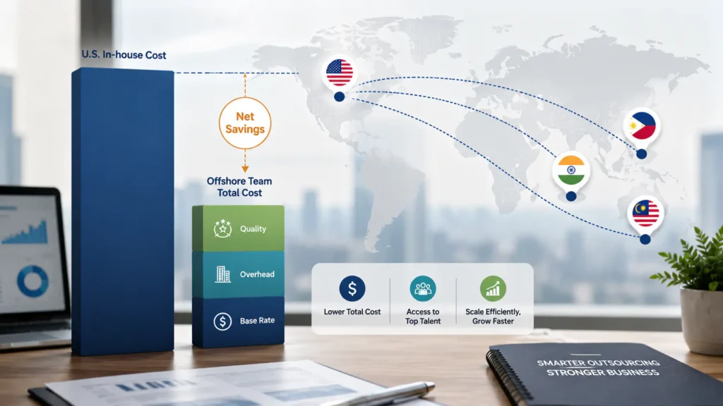 Flat illustration comparing a tall US cost bar against a shorter offshore cost bar connected to Philippines, India, and Malaysia markers, representing offshore outsourcing savings for US companies.
