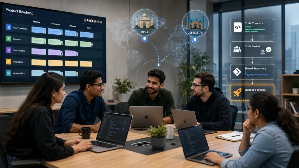Flat illustration of a product roadmap connected to a dedicated developer team sourced from India and Uzbekistan, with code commits flowing into one shared repository, representing software development outsourcing.
