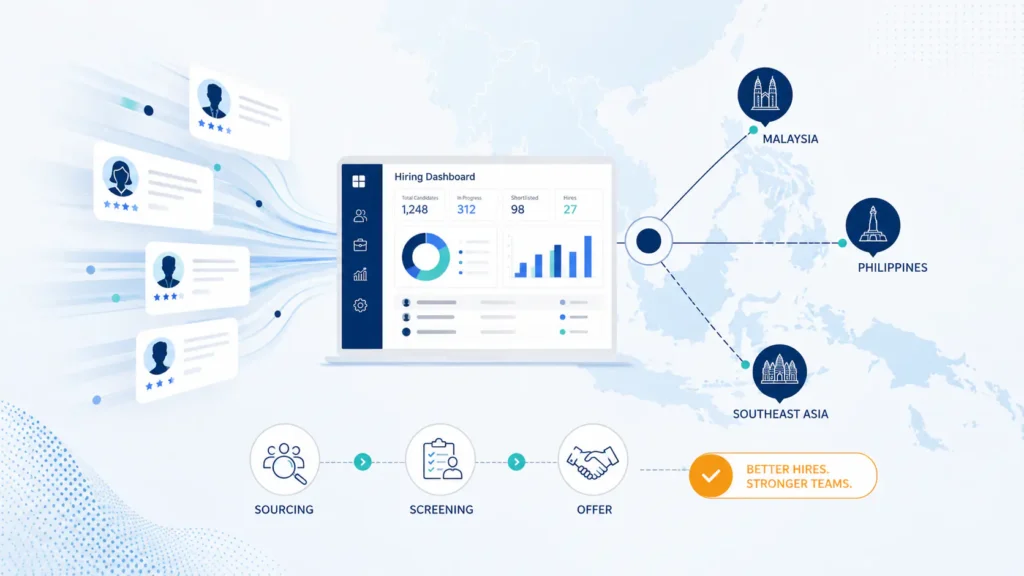 Illustration of a Southeast Asia recruitment hub connecting regional talent pipelines to a central hiring dashboard.