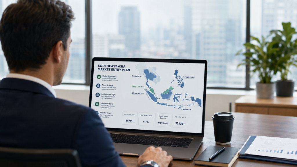 US company executive reviewing a Malaysia and Southeast Asia market entry plan, Employer of Record and BPO execution model