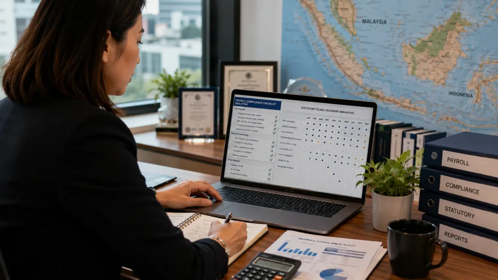HR director reviewing an employer of record payroll services filing checklist for a Malaysia hire