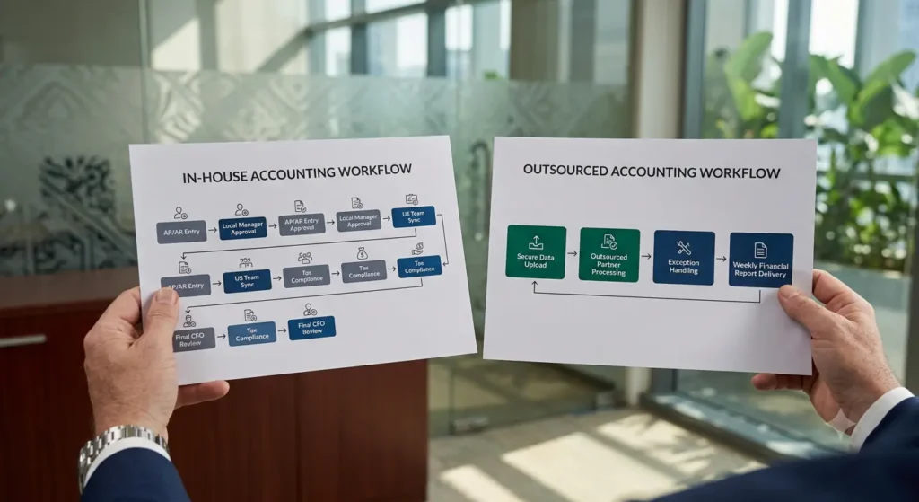 A finance director or CFO reviewing side-by-side in-house versus outsourced accounting workflow charts on a laptop and printed documents