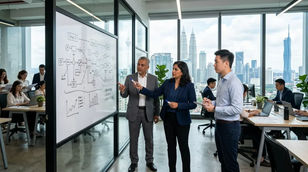 Operations leaders reviewing a three phase delivery roadmap on a whiteboard in a modern Kuala Lumpur office, illustrating the build operate transfer model.